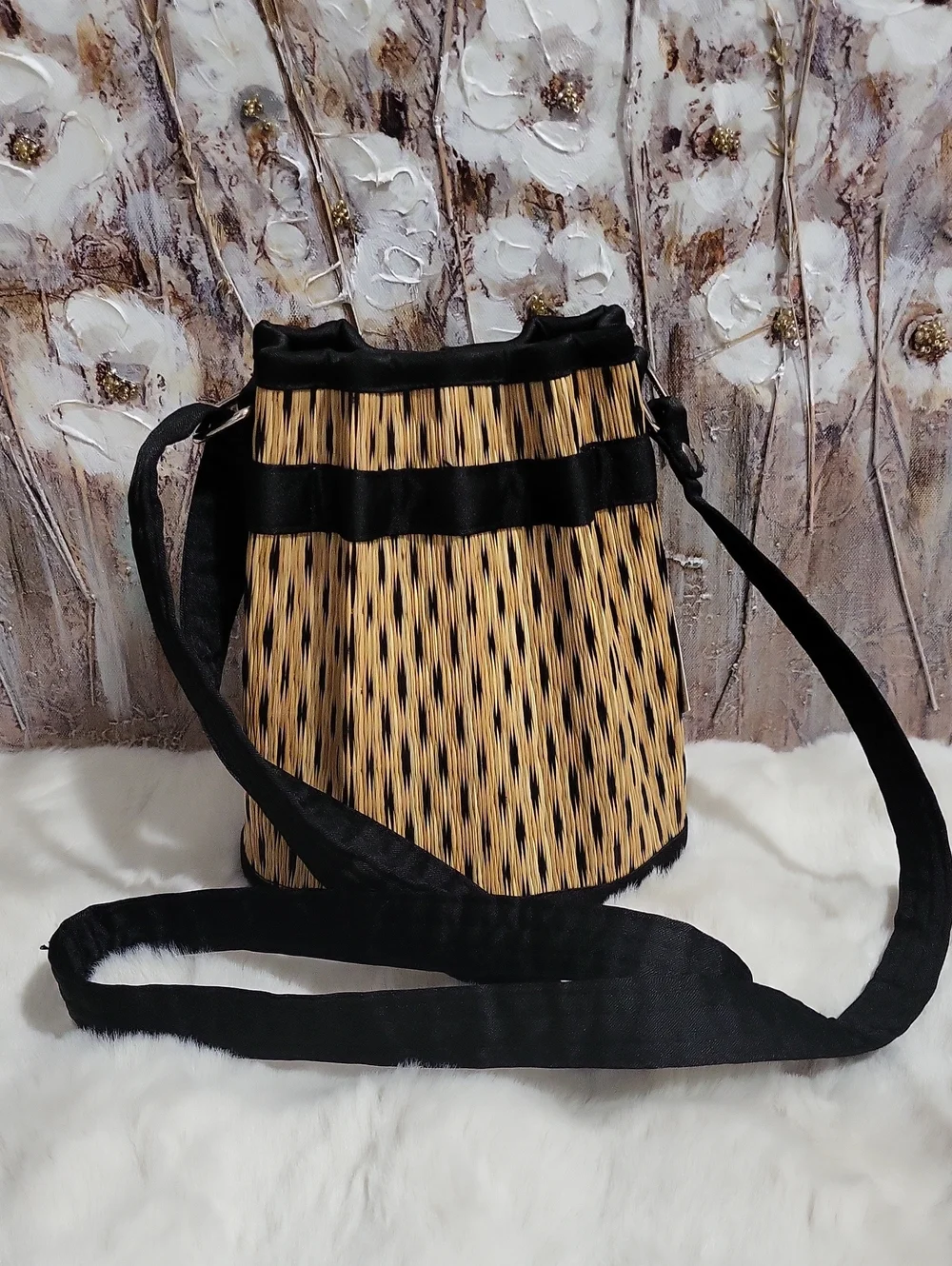 Saraye Tatami Small Handcrafted Black and Tan Woven Bucket Bag